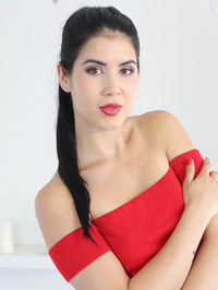 Ponytailed Brunette In Red Uses Fingers To Her Complete Satisfaction 08